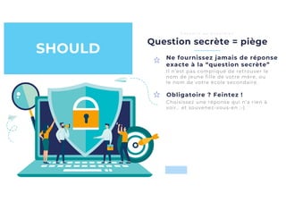Obligatoire ? Feintez !
Question secrète = piège
C o n s e i l s a u q u o t i d i e n
Ne fournissez jamais de réponse
exacte à la “question secrète”
SHOULD
Il n’est pas compliqué de retrouver le
nom de jeune fille de votre mère, ou
le nom de votre école secondaire.
Choisissez une réponse qui n’a rien à
voir… et souvenez-vous-en ;-)
 