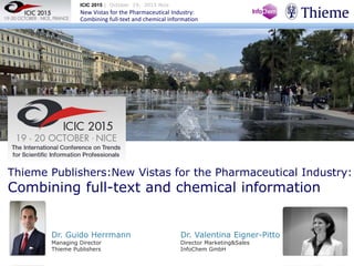 Introduction Challenges Solution Science of Synthesis1 2 3 4
ICIC 2015 | October 19, 2015 Nice
New Vistas for the Pharmaceutical Industry:
Combining full-text and chemical information
MarkLogic World Tour, May 12, 2015, Amsterdam
Dr. Guido Herrmann
Managing Director
Thieme Publishers
Dr. Valentina Eigner-Pitto
Director Marketing&Sales
InfoChem GmbH
Thieme Publishers:New Vistas for the Pharmaceutical Industry:
Combining full-text and chemical information
 