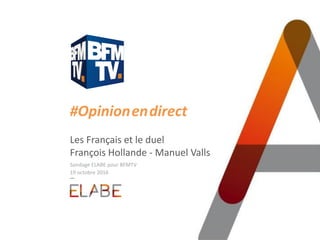 #Opinion.en.direct
Les Français et le duel
François Hollande - Manuel Valls
Sondage ELABE pour BFMTV
19 octobre 2016
 