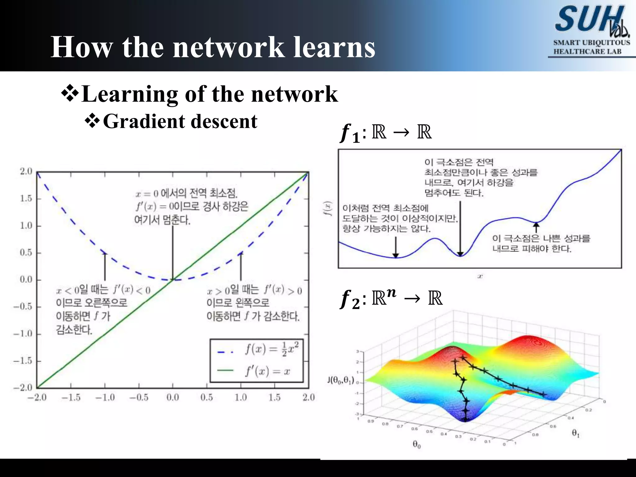 Learning of the network
Gradient descent
How the network learns
𝒇 𝟏: ℝ → ℝ
𝒇 𝟐: ℝ 𝒏 → ℝ
 
