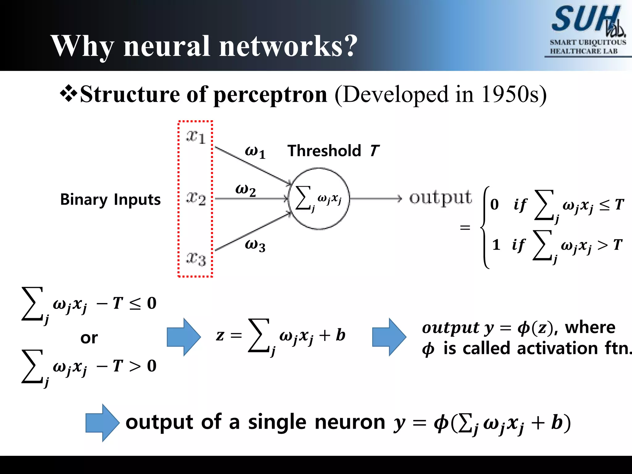 Structure of perceptron (Developed in 1950s)
Why neural networks?
=
𝟎 𝒊𝒇
𝒋
𝝎𝒋 𝒙𝒋 ≤ 𝑻
𝟏 𝒊𝒇
𝒋
𝝎𝒋 𝒙𝒋 > 𝑻
𝝎 𝟏
𝝎 𝟐
𝝎 𝟑
𝒋
𝝎𝒋 𝒙𝒋Binary Inputs
Threshold T
𝒋
𝝎𝒋 𝒙𝒋 − 𝑻 ≤ 𝟎
or
𝒋
𝝎𝒋 𝒙𝒋 − 𝑻 > 𝟎
𝒛 =
𝒋
𝝎𝒋 𝒙𝒋 + 𝒃 𝒐𝒖𝒕𝒑𝒖𝒕 𝒚 = 𝝓(𝒛), where
𝝓 is called activation ftn.
output of a single neuron 𝒚 = 𝝓( 𝒋 𝝎𝒋 𝒙𝒋 + 𝒃)
 
