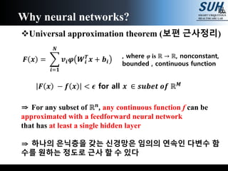 Universal approximation theorem (보편 근사정리)
⇒ For any subset of ℝ 𝒏, any continuous function f can be
approximated with a feedforward neural network
that has at least a single hidden layer
⇒ 하나의 은닉층을 갖는 신경망은 임의의 연속인 다변수 함
수를 원하는 정도로 근사 할 수 있다
Why neural networks?
𝑭 𝒙 =
𝒊=𝟏
𝑵
𝒗𝒊 𝝋 𝑾𝒊
𝑻
𝒙 + 𝒃𝒊
, where φ is ℝ → ℝ, nonconstant,
bounded , continuous function
𝑭 𝒙 − 𝒇 𝒙 < 𝝐 for all 𝒙 ∈ 𝒔𝒖𝒃𝒆𝒕 𝒐𝒇 ℝ 𝑴
 