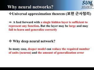 Universal approximation theorem (보편 근사정리)
⇒ A feed forward with a single hidden layer is sufficient to
represent any function. But the layer may be large and may
fail to learn and generalize correctly
 Why deep neural network?
In many case, deeper model can reduce the required number
of units (neuron) and the amount of generalization error
Why neural networks?
 