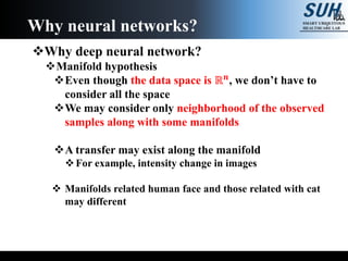 Why deep neural network?
Manifold hypothesis
Even though the data space is ℝ 𝒏, we don’t have to
consider all the space
We may consider only neighborhood of the observed
samples along with some manifolds
A transfer may exist along the manifold
For example, intensity change in images
 Manifolds related human face and those related with cat
may different
Why neural networks?
 