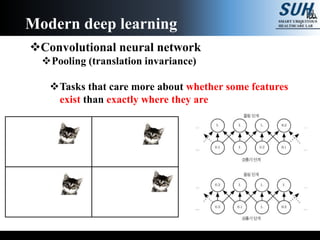 Convolutional neural network
Pooling (translation invariance)
Tasks that care more about whether some features
exist than exactly where they are
Modern deep learning
 