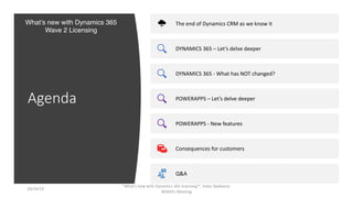 Agenda
The end of Dynamics CRM as we know it
DYNAMICS 365 – Let’s delve deeper
DYNAMICS 365 - What has NOT changed?
POWERA...