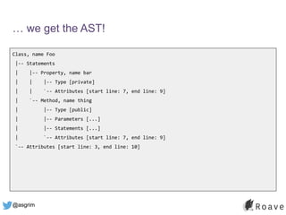 @asgrim
… we get the AST!
Class, name Foo
|-- Statements
| |-- Property, name bar
| | |-- Type [private]
| | `-- Attributes [start line: 7, end line: 9]
| `-- Method, name thing
| |-- Type [public]
| |-- Parameters [...]
| |-- Statements [...]
| `-- Attributes [start line: 7, end line: 9]
`-- Attributes [start line: 3, end line: 10]
 