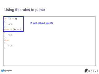 @asgrim
if ($a == 1)
{
a();
}
else if ($b == 1)
{
b();
}
else
{
c();
}
Using the rules to parse
if_stmt_without_else (A)
 