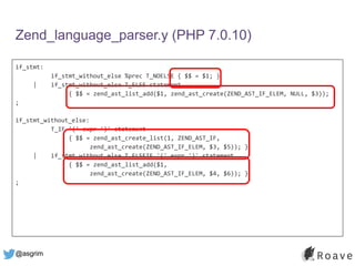 @asgrim
Zend_language_parser.y (PHP 7.0.10)
if_stmt:
if_stmt_without_else %prec T_NOELSE { $$ = $1; }
| if_stmt_without_else T_ELSE statement
{ $$ = zend_ast_list_add($1, zend_ast_create(ZEND_AST_IF_ELEM, NULL, $3)); }
;
if_stmt_without_else:
T_IF '(' expr ')' statement
{ $$ = zend_ast_create_list(1, ZEND_AST_IF,
zend_ast_create(ZEND_AST_IF_ELEM, $3, $5)); }
| if_stmt_without_else T_ELSEIF '(' expr ')' statement
{ $$ = zend_ast_list_add($1,
zend_ast_create(ZEND_AST_IF_ELEM, $4, $6)); }
;
 