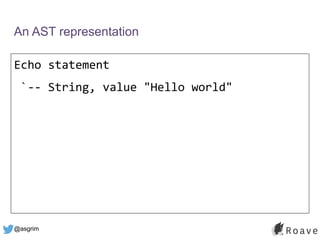 @asgrim
An AST representation
Echo statement
`-- String, value "Hello world"
 