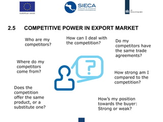 Who are my
competitors?
How’s my position
towards the buyer:
Strong or weak?
Does the
competition
offer the same
product, or a
substitute one?
How can I deal with
the competition?
How strong am I
compared to the
competition?
Where do my
competitors
come from?
Do my
competitors have
the same trade
agreements?
2.5 COMPETITIVE POWER IN EXPORT MARKET
 