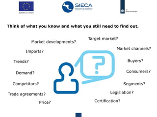 Think of what you know and what you still need to find out.
Trends?
Competitors?
Target market?
Price?
Legislation?
Certification?
Trade agreements?
Market channels?
Buyers?
Consumers?
Segments?
Demand?
Imports?
Market developments?
 