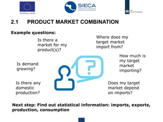 Example questions:
Is there a
market for my
product(s)?
Where does my
target market
import from?
How much is
my target
market
importing?
Next step: Find out statistical information: imports, exports,
production, consumption
Is demand
growing?
Is there any
domestic
production?
Does my target
market depend
on imports?
2.1 PRODUCT MARKET COMBINATION
 