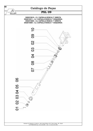 Semeato S/A Industria e Comércio - Rua Camilo Ribeiro 190 - Passo Fundo - RS - Brasil
CEP 99060-000 Fone: (54) 21032400 – SAC +55 (54) 2103 2400
80
PSL 09
DI02015010 – CJ CAPSULA ROSCA 2” DIREITA
DI02015011 – CJ CAPSULA ROSCA 2” ESQUERDA
DI02015008 – CJ. CAPSULA ROSCA 1” DIREITA
DI02015009 – CJ. CAPSULA ROSCA 1” ESQUERDA
 