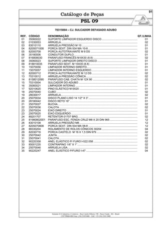 Semeato S/A Industria e Comércio - Rua Camilo Ribeiro 190 - Passo Fundo - RS - Brasil
CEP 99060-000 Fone: (54) 21032400 – SAC +55 (54) 2103 2400
91
PSL 09
70315004 – CJ. SULCADOR DEFASADO ADUBO
REF. CÓDIGO DENOMINAÇÃO QT./LINHA
01 35060022 SUPORTE LIMPADOR ESQUERDO DISCO................................................ 01
02 01030053 ARRUELA....................................................................................................... 02
03 83010110 ARRUELA PRESSÃO M 10........................................................................... 01
04 8205071008 PORCA SEXT. DIN 934 MA 10-8 .................................................................. 01
05 82000708 PORCA AUTOTRAVANTE M 8 DS ............................................................... 02
06 35180006 CONDUTOR DUPLO ..................................................................................... 01
07 816808030 PARAFUSO FRANCÊS M 8X30 (8.8) ........................................................... 02
08 35060023 SUPORTE LIMPADOR DIREITO DISCO ...................................................... 01
09 818810035 PARAFUSO SEXT. M 10X35 (8.8) ................................................................ 01
10 15070056 LIMPADOR INTERNO DIREITO.................................................................... 01
11 15070057 LIMPADOR INTERNO ESQUERDO.............................................................. 01
12 82000712 PORCA AUTOTRAVANTE M 12 DS ............................................................. 02
13 70310012 ARRUELA PRESSÃO CÔNICA..................................................................... 02
14 8158012090 PARAFUSO CAB. CHATA M 12X 90 ............................................................ 02
15 70310004 SULCADOR DO ADUBO ............................................................................... 01
16 35060021 LIMPADOR INTERNO ................................................................................... 01
17 92010620 PINO ELÁSTICO M 6X20 .............................................................................. 01
18 25070040 CUBO ............................................................................................................. 02
19 28030017 ARRUELA....................................................................................................... 02
20 25070034 DISCO PLANO LISO 14 1/2" X 3”.................................................................. 01
20 28180042 DISCO RETO 16”........................................................................................... 01
21 25070027 BUCHA........................................................................................................... 02
22 25070036 CALOTA ......................................................................................................... 02
23 25070024 EIXO DIREITO ............................................................................................... 01
23 25070025 EIXO ESQUERDO ......................................................................................... 01
24 89201707 RETENTOR 01707 BRG................................................................................ 02
25 81980802001 PARAFUSO ESC. FENDA CRUZ M8 X 20 DIN 965 ..................................... 12
26 83010108 ARRUELA PRESSÃO M8.............................................................................. 12
27 8205070808 PORCA SEXT. DIN 934 MA 08-8 .................................................................. 12
28 88330204 ROLAMENTO DE ROLOS CÔNICOS 30204................................................ 04
29 82030716 PORCA CASTELO M 16 X 1,5 DIN 979....................................................... 02
30 25070042 JUNTA............................................................................................................ 02
31 25070041 CALOTA ......................................................................................................... 02
32 90220358 ANEL ELÁSTICO P/ FURO I-522.058 ........................................................... 02
33 85001235 CONTRAPINO 1/6” X 1”................................................................................. 02
34 25070046 ARRUELA LISA.............................................................................................. 02
35 90220247 ANEL ELÁSTICO P/FURO I-47 ..................................................................... 04
 