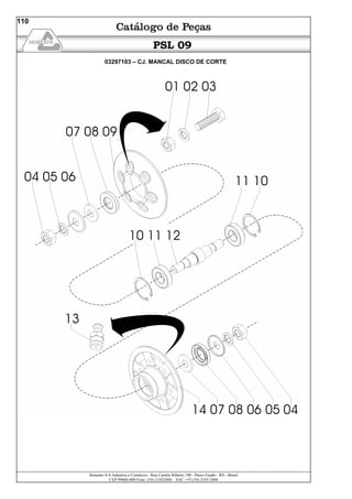 Semeato S/A Industria e Comércio - Rua Camilo Ribeiro 190 - Passo Fundo - RS - Brasil
CEP 99060-000 Fone: (54) 21032400 – SAC +55 (54) 2103 2400
110
PSL 09
03297103 – CJ. MANCAL DISCO DE CORTE
 