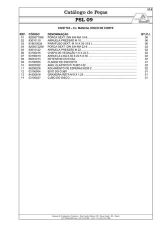 Semeato S/A Industria e Comércio - Rua Camilo Ribeiro 190 - Passo Fundo - RS - Brasil
CEP 99060-000 Fone: (54) 21032400 – SAC +55 (54) 2103 2400
111
PSL 09
03297103 – CJ. MANCAL DISCO DE CORTE
REF. CÓDIGO DENOMINAÇÃO QT./CJ.
01 8205071008 PORCA SEXT. DIN 934 MA 10-8.................................................................. 06
02 83010110 ARRUELA PRESSÃO M 10........................................................................... 06
03 818810035 PARAFUSO SEXT. M 10 X 35 ( 8.8 )............................................................ 06
04 8205072208 PORCA SEXT. DIN 934 MA 22-8.................................................................. 02
05 83010122 ARRUELA PRESSÃO M 22........................................................................... 02
06 03190016 CHAPA DE VEDAÇÃO 1,5 X 22,3................................................................. 02
07 03190019 ARRUELA LISA 6,30 X 22,5 X 50 ................................................................. 02
08 89201273 RETENTOR 01273 BA .................................................................................. 02
09 03190020 FLANGE DE ENCOSTO................................................................................ 01
10 90220262 ANEL ELASTICO P/ FURO I 62 .................................................................... 02
11 88206206 ROLAMENTO DE ESFERAS 6206 Z ............................................................ 02
12 03190004 EIXO DO CUB0 ............................................................................................ 01
13 84300818 GRAXEIRA RETA M 8 X 1,25 ....................................................................... 01
14 03190021 CUBO DO DISCO.......................................................................................... 01
 
