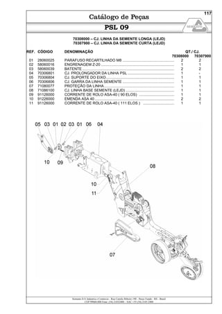 Semeato S/A Industria e Comércio - Rua Camilo Ribeiro 190 - Passo Fundo - RS - Brasil
CEP 99060-000 Fone: (54) 21032400 – SAC +55 (54) 2103 2400
117
PSL 09
70308000 – CJ. LINHA DA SEMENTE LONGA (LEJD)
70307900 – CJ. LINHA DA SEMENTE CURTA (LEJD)
REF. CÓDIGO DENOMINAÇÃO QT./ CJ.
70308000 70307900
01 28060025 PARAFUSO RECARTILHADO M8 .................................................. 2 2
02 58060016 ENGRENAGEM Z-20 ....................................................................... 1 1
03 58060039 BATENTE ......................................................................................... 2 2
04 70306801 CJ. PROLONGADOR DA LINHA PSL ............................................. 1 -
05 70306804 CJ. SUPORTE DO EIXO.................................................................. 1 1
06 70306806 CJ. GARRA DA LINHA SEMENTE .................................................. 1 1
07 71080077 PROTEÇÃO DA LINHA.................................................................... 1 1
08 71086100 CJ. LINHA BASE SEMENTE (LEJD) ............................................... 1 1
09 91126000 CORRENTE DE ROLO ASA-40 ( 90 ELOS) .................................. 1 1
10 91226000 EMENDA ASA 40 ............................................................................. 2 2
11 91126000 CORRENTE DE ROLO ASA-40 ( 111 ELOS ) .............................. 1 1
 