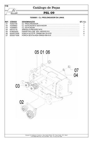 Semeato S/A Industria e Comércio - Rua Camilo Ribeiro 190 - Passo Fundo - RS - Brasil
CEP 99060-000 Fone: (54) 21032400 – SAC +55 (54) 2103 2400
118
PSL 09
70306801 - CJ. PROLONGADOR DA LINHA
REF. CÓDIGO DENOMINAÇÃO QT./ CJ.
01 70302100 CJ. PROLONGADOR ........................................................................................ 1
02 70306802 CJ. ESTICADOR E DESVIADOR...................................................................... 1
03 70306803 CJ. ESTICADOR................................................................................................ 1
04 83010116 ARRUELA PRESSÃO M16................................................................................ 1
05 818820055 PARAFUSO CAB. SEX. M20X55 8.8 ................................................................ 4
06 8200072008 PORCA AUTOTR. DIN980 MA 20-8 DS ........................................................... 4
07 8205071608 PORCA SEXTAVADA DIN934 MA16-8............................................................. 1
 