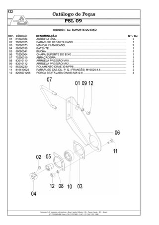 Semeato S/A Industria e Comércio - Rua Camilo Ribeiro 190 - Passo Fundo - RS - Brasil
CEP 99060-000 Fone: (54) 21032400 – SAC +55 (54) 2103 2400
122
PSL 09
70306804 - CJ. SUPORTE DO EIXO
REF. CÓDIGO DENOMINAÇÃO QT./ CJ.
01 01040034 ARRUELA LISA ............................................................................................... 2
02 28060025 PARAFUSO RECARTILHADO........................................................................ 1
03 28060073 MANCAL FLANGEADO................................................................................... 2
04 58060039 BATENTE ........................................................................................................ 1
05 58060041 BUCHA ............................................................................................................ 1
06 70250004 CHAPA SUPORTE DO EIXO.......................................................................... 1
07 70250019 ABRAÇADEIRA ............................................................................................... 1
08 83010110 ARRUELA PRESSÃO M10 ............................................................................. 2
09 83010112 ARRUELA PRESSÃO M12 ............................................................................. 2
10 88200230 ROLAMENTO ORAE 30 NPPB....................................................................... 1
11 816810025 PARAFUSO CAB.CIL. P. Q. (FRANCÊS) M10X25 8.8................................... 2
12 8205071208 PORCA SEXTAVADA DIN934 MA12-8 .......................................................... 4
 