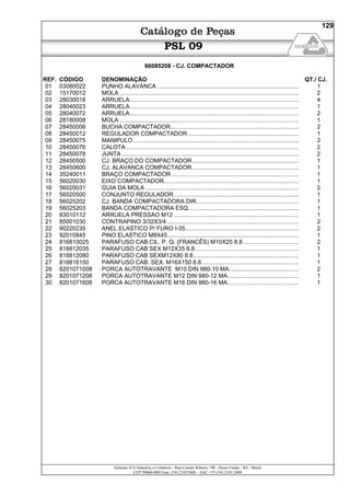 Semeato S/A Industria e Comércio - Rua Camilo Ribeiro 190 - Passo Fundo - RS - Brasil
CEP 99060-000 Fone: (54) 21032400 – SAC +55 (54) 2103 2400
129
PSL 09
66085208 - CJ. COMPACTADOR
REF. CÓDIGO DENOMINAÇÃO QT./ CJ.
01 03080022 PUNHO ALAVANCA ....................................................................................... 1
02 15170012 MOLA............................................................................................................... 2
03 28030018 ARRUELA........................................................................................................ 4
04 28040023 ARRUELA........................................................................................................ 1
05 28040072 ARRUELA........................................................................................................ 2
06 28180008 MOLA .............................................................................................................. 1
07 28450006 BUCHA COMPACTADOR............................................................................... 2
08 28450012 REGULADOR COMPACTADOR .................................................................... 1
09 28450075 MANIPULO...................................................................................................... 2
10 28450076 CALOTA .......................................................................................................... 2
11 28450078 JUNTA ............................................................................................................. 2
12 28450500 CJ. BRAÇO DO COMPACTADOR.................................................................. 1
13 28450600 CJ. ALAVANCA COMPACTADOR.................................................................. 1
14 35240011 BRAÇO COMPACTADOR .............................................................................. 1
15 56020030 EIXO COMPACTADOR................................................................................... 1
16 56020031 GUIA DA MOLA .............................................................................................. 2
17 56020500 CONJUNTO REGULADOR............................................................................. 1
18 56025202 CJ. BANDA COMPACTADORA DIR............................................................... 1
19 56025203 BANDA COMPACTADORA ESQ.................................................................... 1
20 83010112 ARRUELA PRESSAO M12 ............................................................................. 1
21 85001030 CONTRAPINO 3/32X3/4 ................................................................................. 2
22 90220235 ANEL ELASTICO P/ FURO I-35...................................................................... 2
23 92010845 PINO ELASTICO M8X45................................................................................. 1
24 816810025 PARAFUSO CAB.CIL. P. Q. (FRANCÊS) M10X25 8.8 .................................. 2
25 818812035 PARAFUSO CAB SEX M12X35 8.8................................................................ 1
26 818812080 PARAFUSO CAB SEXM12X80 8.8................................................................. 1
27 818816150 PARAFUSO CAB. SEX. M16X150 8.8............................................................ 1
28 8201071008 PORCA AUTOTRAVANTE M10 DIN 980-10 MA........................................... 2
29 8201071208 PORCA AUTOTRAVANTE M12 DIN 980-12 MA............................................ 1
30 8201071608 PORCA AUTOTRAVANTE M16 DIN 980-16 MA............................................ 1
 