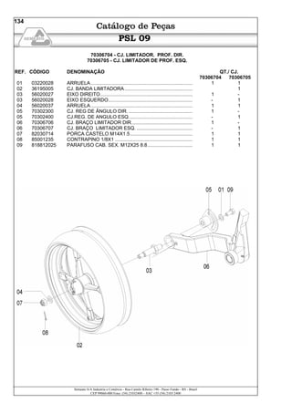 Semeato S/A Industria e Comércio - Rua Camilo Ribeiro 190 - Passo Fundo - RS - Brasil
CEP 99060-000 Fone: (54) 21032400 – SAC +55 (54) 2103 2400
134
PSL 09
70306704 - CJ. LIMITADOR. PROF. DIR.
70306705 - CJ. LIMITADOR DE PROF. ESQ.
REF. CÓDIGO DENOMINAÇÃO QT./ CJ.
70306704 70306705
01 03220028 ARRUELA........................................................................... 1 1
02 36195005 CJ. BANDA LIMITADORA.................................................. 1
03 56020027 EIXO DIREITO.................................................................... 1 -
03 56020028 EIXO ESQUERDO.............................................................. - 1
04 56020037 ARRUELA........................................................................... 1 1
05 70302300 CJ. REG DE ÂNGULO DIR. ............................................... 1 -
05 70302400 CJ.REG. DE ANGULO ESQ............................................... - 1
06 70306706 CJ. BRAÇO LIMITADOR DIR............................................. 1 -
06 70306707 CJ. BRAÇO LIMITADOR ESQ. ......................................... - 1
07 82030714 PORCA CASTELO M14X1.5.............................................. 1 1
08 85001235 CONTRAPINO 1/8X1 ......................................................... 1 1
09 818812025 PARAFUSO CAB. SEX. M12X25 8.8................................. 1 1
 
