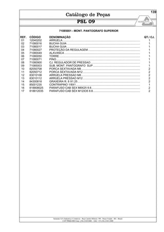 Semeato S/A Industria e Comércio - Rua Camilo Ribeiro 190 - Passo Fundo - RS - Brasil
CEP 99060-000 Fone: (54) 21032400 – SAC +55 (54) 2103 2400
139
PSL 09
71085001 - MONT. PANTOGRAFO SUPERIOR
REF. CÓDIGO DENOMINAÇÃO QT./ CJ.
01 12040202 ARRUELA...................................................................................................... 1
02 71080016 BUCHA GUIA ................................................................................................ 1
03 71080017 BUCHA GUIA ................................................................................................ 1
04 71080027 PROTEÇÃO DA REGULAGEM .................................................................... 1
05 71080049 ALAVANCA ................................................................................................... 1
06 71080050 TORRE.......................................................................................................... 1
07 71080071 PINO.............................................................................................................. 1
08 71080900 CJ. REGULADOR DE PRESSAO................................................................. 1
09 71085003 SUB. MONT. PANTOGRAFO SUP.............................................................. 1
10 82050708 PORCA SEXTAVADA M8............................................................................. 2
11 82050712 PORCA SEXTAVADA M12........................................................................... 2
12 83010108 ARRUELA PRESSAO M8............................................................................. 2
13 83010112 ARRUELA PRESSAO M12........................................................................... 2
14 84300818 GRAXEIRA R. 8 X1.25.................................................................................. 2
15 85001235 CONTRAPINO 1/8X1 .................................................................................... 1
16 818808025 PARAFUSO CAB SEX M8X25 8.8................................................................ 2
17 818812035 PARAFUSO CAB SEX M12X35 8.8.............................................................. 2
 