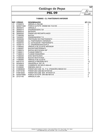 Semeato S/A Industria e Comércio - Rua Camilo Ribeiro 190 - Passo Fundo - RS - Brasil
CEP 99060-000 Fone: (54) 21032400 – SAC +55 (54) 2103 2400
147
PSL 09
71086002 - CJ. PANTÓGRAFO INFERIOR
REF. CÓDIGO DENOMINAÇÃO QT./ CJ.
01 01020010 ARRUELA LISA M8........................................................................................... 2
02 8200071608 PORCA AUTOTR. DIN980 MA 16-8 DS........................................................... 1
03 28040072 ARRUELA.......................................................................................................... 1
04 28060014 ENGRENAGEM Z 20 ........................................................................................ 1
05 28060016 BATENTE .......................................................................................................... 1
06 28060025 PARAFUSO RECARTILHADO.......................................................................... 1
07 71080036 BUCHA .............................................................................................................. 1
08 70250027 ENGRENAGEM Z 14 ........................................................................................ 1
09 70300036 PROTEÇÃO DO PANTÓGRAFO...................................................................... 1
10 70302900 CJ. PANTÓGRAFO INFERIOR......................................................................... 1
11 70306703 CJ. ESTICADOR PANTÓGRAFO.................................................................... 1
12 70306714 CJ. ENGRENAGEM DUPLA ............................................................................. 1
13 71080002 ARRUELA DE AJUSTE INFERIOR .................................................................. 4
14 71080007 BUCHA PANTÓGRAFO.................................................................................... 2
15 71080010 BUCHA SEXTAVADA 5/8''................................................................................ 2
16 71080011 FLANGE DIREITO............................................................................................. 2
17 71080012 FLANGE ESQUERDO....................................................................................... 2
18 71080035 EIXO SEXTAVADO........................................................................................... 1
19 71080036 BUCHA SEXTAVADA ....................................................................................... 1
20 71080065 ARRUELA DE AJUSTE..................................................................................... 4
21 83010110 ARRUELA PRESSÃO M10 ............................................................................... 12
22 84300818 GRAXEIRA R. 8X1.25....................................................................................... 4
23 91126000 CORRENTE DE ROLO ASA-40........................................................................ 1
24 91226000 EMENDA ASA 40 .............................................................................................. 1
25 816808020 PARAFUSO CAB. CIL. P.Q. (FRANCÊS) M8X20 8.8 ...................................... 2
26 818716100 PARAFUSO CAB.SEX.M16X100 ..................................................................... 1
27 818810020 PARAFUSO CAB. SEX. M10X20 8.8................................................................ 12
28 8200070808 PORCA AUTOTR. DIN 985 MA 8-8 .................................................................. 2
29 23121145 ARRUELA LISA................................................................................................. 2
 