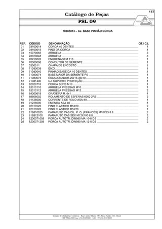 Semeato S/A Industria e Comércio - Rua Camilo Ribeiro 190 - Passo Fundo - RS - Brasil
CEP 99060-000 Fone: (54) 21032400 – SAC +55 (54) 2103 2400
157
PSL 09
70305013 – CJ. BASE PINHÃO COROA
REF. CÓDIGO DENOMINAÇÃO QT./ CJ.
01 03100014 COROA 40 DENTES ..................................................................................... 1
02 03100015 PINO DA COROA.......................................................................................... 1
03 15070065 ARRUELA ...................................................................................................... 3
04 28020048 ARRUELA ...................................................................................................... 3
05 70250026 ENGRENAGEM Z16...................................................................................... 1
06 70300006 CONDUTOR DE SEMENTE.......................................................................... 1
07 0300011 CHAPA DE ENCOSTO.................................................................................. 1
08 71080039 EIXO............................................................................................................... 1
09 71080040 PINHAO BASE DA 10 DENTES.................................................................... 1
10 71080074 BASE MAIOR DA SEMENTE PS .................................................................. 1
11 71080075 ESCALONADOR.25x16.35x10...................................................................... 1
12 71081400 CJ. SUPORTE PROTEÇÃO.......................................................................... 1
13 82020710 PORCA BORB M10 ....................................................................................... 1
14 83010110 ARRUELA PRESSAO M10............................................................................ 1
15 83010112 ARRUELA PRESSAO M12............................................................................ 2
16 84300618 GRAXEIRA R. 6x1 ......................................................................................... 1
17 88606002 ROLAMENTO DE ESFERAS 6002 2RS ....................................................... 2
18 91126000 CORRENTE DE ROLO ASA-40 .................................................................... 1
19 91226000 EMENDA ASA 40 .......................................................................................... 1
20 92010520 PINO ELASTICO M5X20............................................................................... 2
21 92010528 PINO ELASTICO M5X28............................................................................... 1
22 816810025 PARAFUSO CAB.CIL. P. Q. (FRANCÊS) M10X25 8.8................................. 2
23 818812100 PARAFUSO CAB SEX M12X100 8.8 ............................................................ 2
24 8200071008 PORCA AUTOTR. DIN980 MA 10-8 DS ....................................................... 2
25 8200071208 PORCA AUTOTR. DIN980 MA 12-8 DS ....................................................... 2
 