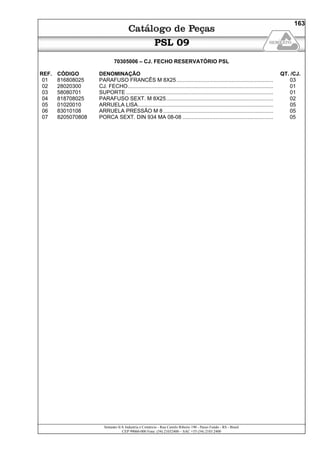 Semeato S/A Industria e Comércio - Rua Camilo Ribeiro 190 - Passo Fundo - RS - Brasil
CEP 99060-000 Fone: (54) 21032400 – SAC +55 (54) 2103 2400
163
PSL 09
70305006 – CJ. FECHO RESERVATÓRIO PSL
REF. CÓDIGO DENOMINAÇÃO QT. /CJ.
01 816808025 PARAFUSO FRANCÊS M 8X25................................................................. 03
02 28020300 CJ. FECHO.................................................................................................. 01
03 58080701 SUPORTE ................................................................................................... 01
04 818708025 PARAFUSO SEXT. M 8X25........................................................................ 02
05 01020010 ARRUELA LISA........................................................................................... 05
06 83010108 ARRUELA PRESSÃO M 8.......................................................................... 05
07 8205070808 PORCA SEXT. DIN 934 MA 08-08 ............................................................. 05
 
