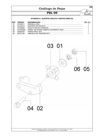 Semeato S/A Industria e Comércio - Rua Camilo Ribeiro 190 - Passo Fundo - RS - Brasil
CEP 99060-000 Fone: (54) 21032400 – SAC +55 (54) 2103 2400
165
PSL 09
03106209-CJ. SUPORTE/ ROLETE 4 DENTES SIMPLES
REF. CÓDIGO DENOMINAÇÃO QT./ CJ.
01 03100411 ARRUELA LISA................................................................................................ 1
02 03100412 SUPORTE DO ROLETE .................................................................................. 1
03 35120054 ROLETE MILHO 4 DENTES ............................................................................ 1
04 814705020 PARAF. DE FENDA CABEÇA CILÍNDRICA 5X20........................................... 1
05 82050705 PORCA SEXT. M 5 .......................................................................................... 1
06 83010105 ARRUELA DE PRESSÃO M 5 ......................................................................... 1
 