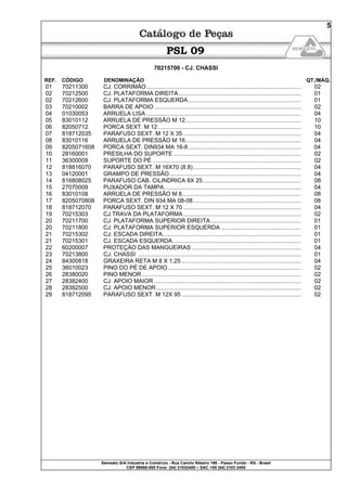 Semeato S/A Industria e Comércio - Rua Camilo Ribeiro 190 - Passo Fundo - RS - Brasil
CEP 99060-000 Fone: (54) 21032400 – SAC +55 (54) 2103 2400
5
PSL 09
70215700 - CJ. CHASSI
REF. CÓDIGO DENOMINAÇÃO QT./MÁQ.
01 70211300 CJ. CORRIMÃO................................................................................................ 02
02 70212500 CJ. PLATAFORMA DIREITA............................................................................ 01
02 70212600 CJ. PLATAFORMA ESQUERDA...................................................................... 01
03 70210002 BARRA DE APOIO ........................................................................................... 02
04 01030053 ARRUELA LISA ................................................................................................ 04
05 83010112 ARRUELA DE PRESSÃO M 12........................................................................ 10
06 82050712 PORCA SEXT. M 12......................................................................................... 10
07 818712035 PARAFUSO SEXT. M 12 X 35 ......................................................................... 04
08 83010116 ARRUELA DE PRESSÃO M 16........................................................................ 04
09 8205071608 PORCA SEXT. DIN934 MA 16-8...................................................................... 04
10 28160001 PRESILHA DO SUPORTE ............................................................................... 02
11 36300009 SUPORTE DO PÉ ............................................................................................ 02
12 818816070 PARAFUSO SEXT. M 16X70 (8.8)................................................................... 04
13 04120001 GRAMPO DE PRESSÃO.................................................................................. 04
14 816808025 PARAFUSO CAB. CILINDRICA 8X 25............................................................. 08
15 27070009 PUXADOR DA TAMPA..................................................................................... 04
16 83010108 ARRUELA DE PRESSÃO M 8.......................................................................... 08
17 8205070808 PORCA SEXT. DIN 934 MA 08-08................................................................... 08
18 818712070 PARAFUSO SEXT. M 12 X 70 ......................................................................... 04
19 70215303 CJ.TRAVA DA PLATAFORMA ......................................................................... 02
20 70211700 CJ. PLATAFORMA SUPERIOR DIREITA........................................................ 01
20 70211800 CJ. PLATAFORMA SUPERIOR ESQUERDA.................................................. 01
21 70215302 CJ. ESCADA DIREITA...................................................................................... 01
21 70215301 CJ. ESCADA ESQUERDA................................................................................ 01
22 60200007 PROTEÇÃO DAS MANGUEIRAS .................................................................... 04
23 70213800 CJ. CHASSI ..................................................................................................... 01
24 84300818 GRAXEIRA RETA M 8 X 1,25 .......................................................................... 04
25 36010023 PINO DO PÉ DE APOIO................................................................................... 02
26 28380020 PINO MENOR................................................................................................... 02
27 28382400 CJ. APOIO MAIOR ........................................................................................... 02
28 28382500 CJ. APOIO MENOR.......................................................................................... 02
29 818712095 PARAFUSO SEXT. M 12X 95 .......................................................................... 02
 