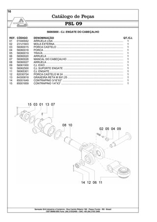 Semeato S/A Industria e Comércio - Rua Camilo Ribeiro 190 - Passo Fundo - RS - Brasil
CEP 99060-000 Fone: (54) 21032400 – SAC +55 (54) 2103 2400
16
PSL 09
56065800 - CJ. ENGATE DO CABEÇALHO
REF. CÓDIGO DENOMINAÇÃO QT./CJ.
01 01040042 ARRUELA LISA ................................................................................................ 1
02 23121603 MOLA EXTERNA.............................................................................................. 1
03 56060015 PORCA CASTELO ........................................................................................... 1
04 56060018 PORCA ............................................................................................................. 1
05 56060019 TRAVA .............................................................................................................. 1
06 56060020 ARRUELA ........................................................................................................ 1
07 56060026 MANCAL DO CABEÇALHO ............................................................................. 1
08 56060027 ARRUELA ......................................................................................................... 1
09 56061000 CJ. EIXO ........................................................................................................... 1
10 56062500 CJ. SUPORTE ENGATE .................................................................................. 1
11 56065301 CJ. ENGATE..................................................................................................... 1
12 82030724 PORCA CASTELO M 24 .................................................................................. 1
13 84300818 GRAXEIRA RETA M 8X1,25 ............................................................................ 1
14 85001649 CONTRAPINO 3/16”X2” ................................................................................... 1
15 85001859 CONTRAPINO 1/4”X3” ..................................................................................... 1
 