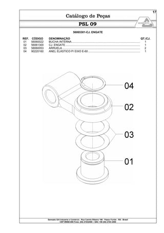 Semeato S/A Industria e Comércio - Rua Camilo Ribeiro 190 - Passo Fundo - RS - Brasil
CEP 99060-000 Fone: (54) 21032400 – SAC +55 (54) 2103 2400
17
PSL 09
56065301-CJ. ENGATE
REF. CÓDIGO DENOMINAÇÃO QT./CJ.
01 56060022 BUCHA INTERNA.......................................................................................... 1
02 56061300 CJ. ENGATE.................................................................................................. 1
03 58060053 ARRUELA ...................................................................................................... 2
04 90220160 ANEL ELÁSTICO P/ EIXO E-60 .................................................................... 1
 