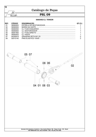 Semeato S/A Industria e Comércio - Rua Camilo Ribeiro 190 - Passo Fundo - RS - Brasil
CEP 99060-000 Fone: (54) 21032400 – SAC +55 (54) 2103 2400
18
PSL 09
56065402-CJ. TENSOR
REF. CÓDIGO DENOMINAÇÃO QT./CJ.
01 56060003 ESTRELA DO DESTORCEDOR.................................................................... 1
02 56060004 BARRA DA HASTE ........................................................................................ 1
03 56060500 CJ. FUSO ESQUERDO ................................................................................. 1
04 56060600 CJ. DESTORCEDOR..................................................................................... 1
05 56061800 CJ. FUSO DIREITO ....................................................................................... 1
06 56065403 CJ. HASTE ..................................................................................................... 1
07 84300818 GRAXEIRA RETA 8X1,25.............................................................................. 2
08 92010140 PINO ELÁSTICO 10X40 ................................................................................ 2
 