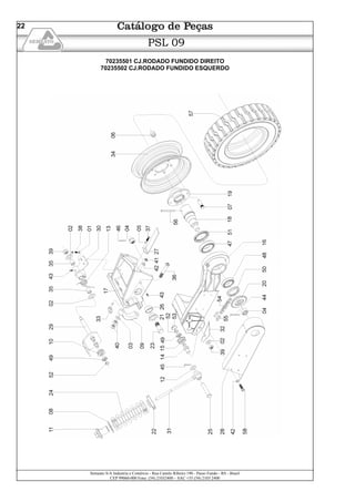 Semeato S/A Industria e Comércio - Rua Camilo Ribeiro 190 - Passo Fundo - RS - Brasil
CEP 99060-000 Fone: (54) 21032400 – SAC +55 (54) 2103 2400
22
PSL 09
70235501 CJ.RODADO FUNDIDO DIREITO
70235502 CJ.RODADO FUNDIDO ESQUERDO
 