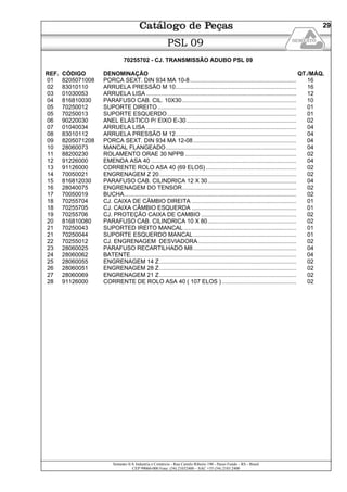 Semeato S/A Industria e Comércio - Rua Camilo Ribeiro 190 - Passo Fundo - RS - Brasil
CEP 99060-000 Fone: (54) 21032400 – SAC +55 (54) 2103 2400
29
PSL 09
70255702 - CJ. TRANSMISSÃO ADUBO PSL 09
REF. CÓDIGO DENOMINAÇÃO QT./MÁQ.
01 8205071008 PORCA SEXT. DIN 934 MA 10-8.................................................................. 16
02 83010110 ARRUELA PRESSÃO M 10........................................................................... 16
03 01030053 ARRUELA LISA ............................................................................................. 12
04 816810030 PARAFUSO CAB. CIL. 10X30....................................................................... 10
05 70250012 SUPORTE DIREITO...................................................................................... 01
05 70250013 SUPORTE ESQUERDO................................................................................ 01
06 90220030 ANEL ELÁSTICO P/ EIXO E-30 .................................................................... 02
07 01040034 ARRUELA LISA ............................................................................................. 04
08 83010112 ARRUELA PRESSÃO M 12........................................................................... 04
09 8205071208 PORCA SEXT. DIN 934 MA 12-08................................................................ 04
10 28060073 MANCAL FLANGEADO................................................................................. 04
11 88200230 ROLAMENTO ORAE 30 NPPB ..................................................................... 02
12 91226000 EMENDA ASA 40 .......................................................................................... 04
13 91126000 CORRENTE ROLO ASA 40 (69 ELOS) ........................................................ 02
14 70050021 ENGRENAGEM Z 20..................................................................................... 02
15 816812030 PARAFUSO CAB. CILINDRICA 12 X 30....................................................... 04
16 28040075 ENGRENAGEM DO TENSOR....................................................................... 02
17 70050019 BUCHA........................................................................................................... 02
18 70255704 CJ. CAIXA DE CÂMBIO DIREITA ................................................................. 01
18 70255705 CJ. CAIXA CÂMBIO ESQUERDA ................................................................. 01
19 70255706 CJ. PROTEÇÃO CAIXA DE CAMBIO ........................................................... 02
20 816810080 PARAFUSO CAB. CILINDRICA 10 X 80....................................................... 02
21 70250043 SUPORTED IREITO MANCAL...................................................................... 01
21 70250044 SUPORTE ESQUERDO MANCAL................................................................ 01
22 70255012 CJ. ENGRENAGEM DESVIADORA............................................................. 02
23 28060025 PARAFUSO RECARTILHADO M8................................................................ 04
24 28060062 BATENTE....................................................................................................... 04
25 28060055 ENGRENAGEM 14 Z..................................................................................... 02
26 28060051 ENGRENAGEM 28 Z..................................................................................... 02
27 28060069 ENGRENAGEM 21 Z..................................................................................... 02
28 91126000 CORRENTE DE ROLO ASA 40 ( 107 ELOS ) .............................................. 02
 