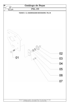 Semeato S/A Industria e Comércio - Rua Camilo Ribeiro 190 - Passo Fundo - RS - Brasil
CEP 99060-000 Fone: (54) 21032400 – SAC +55 (54) 2103 2400
30
PSL 09
70255012 - CJ. ENGRENAGEM DESVIADORA PSL 09
 