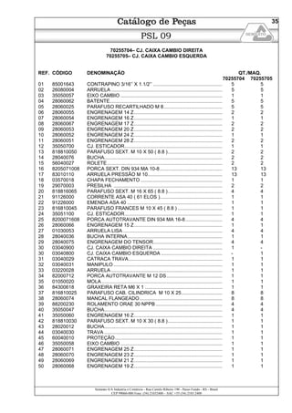 Semeato S/A Industria e Comércio - Rua Camilo Ribeiro 190 - Passo Fundo - RS - Brasil
CEP 99060-000 Fone: (54) 21032400 – SAC +55 (54) 2103 2400
35
PSL 09
70255704– CJ. CAIXA CAMBIO DIREITA
70255705– CJ. CAIXA CAMBIO ESQUERDA
REF. CÓDIGO DENOMINAÇÃO QT./MAQ.
70255704 70255705
01 85001643 CONTRAPINO 3/16’’ X 1.1/2’’ ................................................... 5 5
02 26080004 ARRUELA .................................................................................. 5 5
03 35050057 EIXO CAMBIO ........................................................................... 1 1
04 28060062 BATENTE................................................................................... 5 5
05 28060025 PARAFUSO RECARTILHADO M 8........................................... 5 5
06 28060055 ENGRENAGEM 14 Z................................................................. 2 2
07 28060054 ENGRENAGEM 16 Z................................................................. 1 1
08 28060067 ENGRENAGEM 17 Z................................................................. 2 2
09 28060053 ENGRENAGEM 20 Z................................................................. 2 2
10 28060052 ENGRENAGEM 24 Z................................................................. 1 1
11 28060051 ENGRENAGEM 28 Z................................................................. 2 2
12 35050700 CJ. ESTICADOR........................................................................ 1 1
13 818810050 PARAFUSO SEXT. M 10 X 50 ( 8.8 )........................................ 2 2
14 28040076 BUCHA....................................................................................... 2 2
15 56040027 ROLETE..................................................................................... 2 2
16 8205071008 PORCA SEXT. DIN 934 MA 10-8.............................................. 13 13
17 83010110 ARRUELA PRESSÃO M 10....................................................... 13 13
18 03570018 CHAPA FECHAMENTO ............................................................ 1 1
19 29070003 PRESILHA ................................................................................ 2 2
20 818816065 PARAFUSO SEXT. M 16 X 65 ( 8.8 )........................................ 4 4
21 91126000 CORRENTE ASA 40 ( 61 ELOS ).............................................. 1 1
22 91226000 EMENDA ASA 40 ...................................................................... 1 1
23 816810045 PARAFUSO FRANCES M 10 X 45 ( 8.8 )................................. 1 1
24 35051100 CJ. ESTICADOR........................................................................ 1 1
25 8200071608 PORCA AUTOTRAVANTE DIN 934 MA 16-8........................... 4 4
26 28060066 ENGRENAGEM 15 Z................................................................. 1 1
27 01030053 ARRUELA LISA ......................................................................... 4 4
28 28040036 BUCHA INTERNA...................................................................... 1 1
29 28040075 ENGRENAGEM DO TENSOR................................................... 4 4
30 03040900 CJ. CAIXA CAMBIO DIREITA ................................................... 1 -
30 03040800 CJ. CAIXA CAMBIO ESQUERDA ............................................. - 1
31 03040029 CATRACA TRAVA..................................................................... 1 1
32 03040031 MANIPULO ................................................................................ 1 1
33 03220028 ARRUELA .................................................................................. 1 1
34 82000712 PORCA AUTOTRAVANTE M 12 DS......................................... 1 1
35 01050020 MOLA......................................................................................... 1 1
36 84300618 GRAXEIRA RETA M6 X 1 ......................................................... 1 1
37 816810025 PARAFUSO CAB. CILINDRICA M 10 X 25.............................. 8 8
38 28060074 MANCAL FLANGEADO............................................................. 8 8
39 88200230 ROLAMENTO ORAE 30 NPPB ................................................. 4 4
40 35050047 BUCHA....................................................................................... 4 4
41 35050060 ENGRENAGEM 16 Z................................................................. 1 1
42 818810030 PARAFUSO SEXT. M 10 X 30 ( 8.8 )........................................ 1 1
43 28020012 BUCHA....................................................................................... 1 1
44 03040030 TRAVA ....................................................................................... 1 1
45 60040010 PROTEÇÃO............................................................................... 1 1
46 35050058 EIXO CAMBIO ........................................................................... 1 1
47 28060071 ENGRENAGEM 25 Z................................................................. 1 1
48 28060070 ENGRENAGEM 23 Z................................................................. 1 1
49 28060069 ENGRENAGEM 21 Z................................................................. 1 1
50 28060068 ENGRENAGEM 19 Z................................................................. 1 1
 
