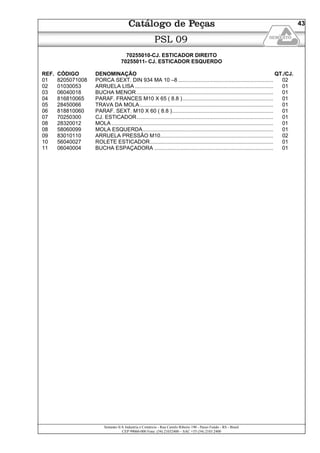 Semeato S/A Industria e Comércio - Rua Camilo Ribeiro 190 - Passo Fundo - RS - Brasil
CEP 99060-000 Fone: (54) 21032400 – SAC +55 (54) 2103 2400
43
PSL 09
70255010-CJ. ESTICADOR DIREITO
70255011- CJ. ESTICADOR ESQUERDO
REF. CÓDIGO DENOMINAÇÃO QT./CJ.
01 8205071008 PORCA SEXT. DIN 934 MA 10 –8 ................................................................ 02
02 01030053 ARRUELA LISA ............................................................................................. 01
03 06040018 BUCHA MENOR ............................................................................................ 01
04 816810065 PARAF. FRANCES M10 X 65 ( 8.8 )............................................................. 01
05 28450066 TRAVA DA MOLA.......................................................................................... 01
06 818810060 PARAF. SEXT. M10 X 60 ( 8.8 ).................................................................... 01
07 70250300 CJ. ESTICADOR............................................................................................ 01
08 28320012 MOLA............................................................................................................. 01
08 58060099 MOLA ESQUERDA........................................................................................ 01
09 83010110 ARRUELA PRESSÂO M10............................................................................ 02
10 56040027 ROLETE ESTICADOR................................................................................... 01
11 06040004 BUCHA ESPAÇADORA ................................................................................ 01
 