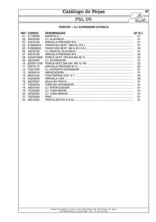 Semeato S/A Industria e Comércio - Rua Camilo Ribeiro 190 - Passo Fundo - RS - Brasil
CEP 99060-000 Fone: (54) 21032400 – SAC +55 (54) 2103 2400
47
PSL 09
70255709 – CJ. ACIONADOR CATRACA
REF. CÓDIGO DENOMINAÇÃO QT./CJ.
01 01100059 MANIPULO ...................................................................................................... 01
02 28230300 CJ. ALAVANCA ............................................................................................... 01
03 83010106 ARRUELA PRESSÂO M 6 .............................................................................. 01
04 818806016 PARAFUSO SEXT. M6X16 ( 8.8 )................................................................... 01
05 818808020 PARAFUSO SEXT. M8 X 20 ( 8.8 )................................................................. 02
06 28230700 CJ. MANCAL ALAVANCA ............................................................................... 01
07 83010108 ARRUELA PRESSÃO M 8 .............................................................................. 02
08 8205070808 PORCA SEXT. DIN 934 MA 08- 8................................................................... 02
09 28230400 CJ. ACIONADOR............................................................................................. 01
10 8205071208 PORCA SEXT.DIN 934 MA 12- 08................................................................. 02
11 83010112 ARRUELA PRESSÃO M 12 ............................................................................ 02
12 70251500 CJ. SUPORTE ACIONADOR .......................................................................... 01
13 36050014 ABRAÇADEIRA............................................................................................... 01
14 85001435 CONTRAPINO 5/32” X 1”................................................................................ 04
15 03220028 ARRUELA LISA............................................................................................... 04
16 03070057 MOLA DA TRAVA............................................................................................ 01
17 70250035 TUBO DO ACIONADOR.................................................................................. 01
18 36051400 CJ. INTERLIGADOR ....................................................................................... 01
19 70252200 CJ. TUBO MAIOR............................................................................................ 01
20 36320400 CJ. TUBO MENOR.......................................................................................... 01
21 70250008 PINO ................................................................................................................ 01
22 92010522 PINO ELASTICO 5 X 22.................................................................................. 01
 