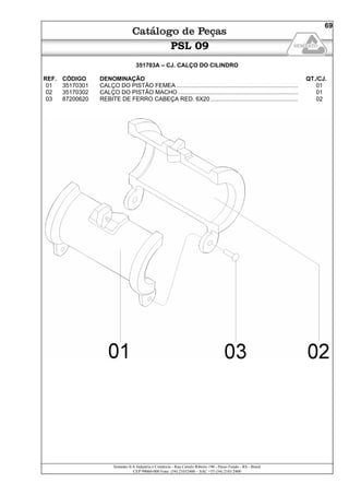 Semeato S/A Industria e Comércio - Rua Camilo Ribeiro 190 - Passo Fundo - RS - Brasil
CEP 99060-000 Fone: (54) 21032400 – SAC +55 (54) 2103 2400
69
PSL 09
351703A – CJ. CALÇO DO CILINDRO
REF. CÓDIGO DENOMINAÇÃO QT./CJ.
01 35170301 CALÇO DO PISTÃO FEMEA ........................................................................... 01
02 35170302 CALÇO DO PISTÃO MACHO .......................................................................... 01
03 87200620 REBITE DE FERRO CABEÇA RED. 6X20...................................................... 02
 
