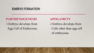 EMBRYO FORMATION
PARTHENOGENESIS
Embryo develops from
Egg Cell of Embryosac.
APOGAMETY
Embryo develops from
Cells other than egg cell
of embryosac.
 
