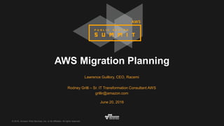 © 2016, Amazon Web Services, Inc. or its Affiliates. All rights reserved.
Lawrence Guillory, CEO, Racemi
Rodney Grilli – Sr. IT Transformation Consultant AWS
grillir@amazon.com
June 20, 2016
AWS Migration Planning
 