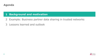 2
1 Background and motivation
2 Example: Business partner data sharing in trusted networks
3 Lessons learned and outlook
Agenda
 