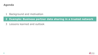 5
1 Background and motivation
2 Example: Business partner data sharing in a trusted network
3 Lessons learned and outlook
Agenda
 
