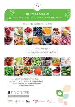 FRUITS & LÉGUMES
Fruits : 250 g par jour • Légumes : au moins 300 g par jour
2
2
Fruits : 2x par jour
Préférez les fruits frais, surgelés, en compote
non sucrée, en conserve au naturel ou lyophilisés
Légumes : répartissez votre
consommation lors de plusieurs repas
Préférez les légumes frais, surgelés non préparés
ou lyophilisés/déshydratés
PRIVILÉGIEZ L’OFFRE SAISONNIÈRE
5 PRIORITÉS
POUR MIEUX MANGER
www.foodinaction.com
 