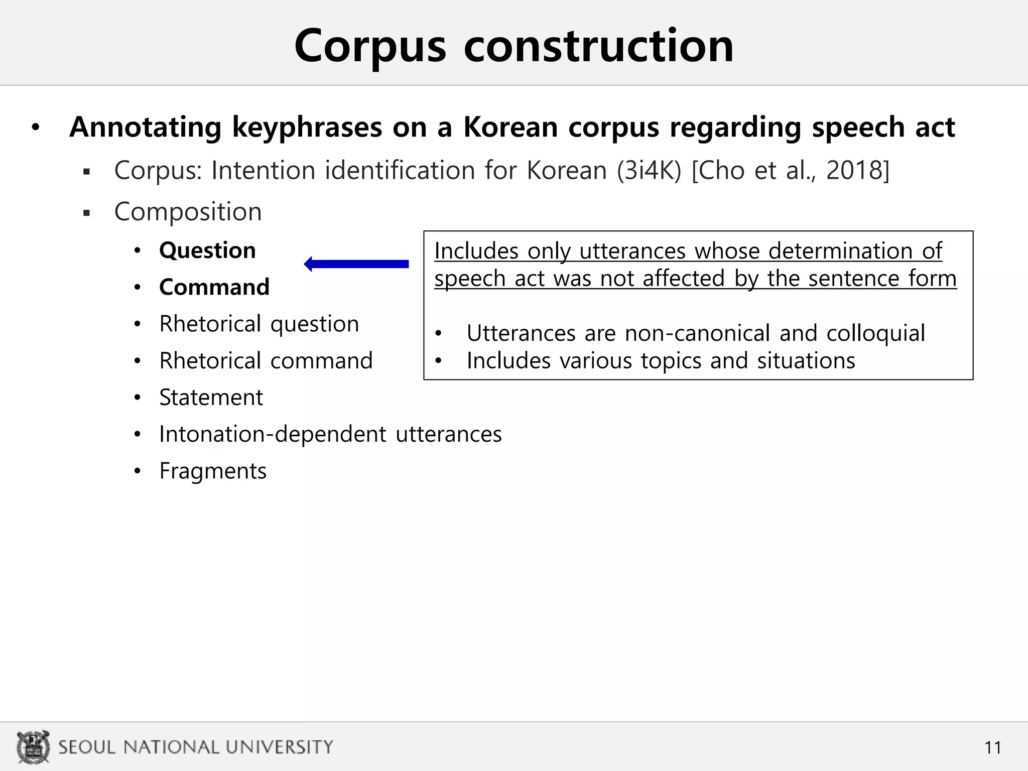 Corpus construction
• Annotating keyphrases on a Korean corpus regarding speech act
 Corpus: Intention identification for Korean (3i4K) [Cho et al., 2018]
 Composition
• Question
• Command
• Rhetorical question
• Rhetorical command
• Statement
• Intonation-dependent utterances
• Fragments
11
Includes only utterances whose determination of
speech act was not affected by the sentence form
• Utterances are non-canonical and colloquial
• Includes various topics and situations
 