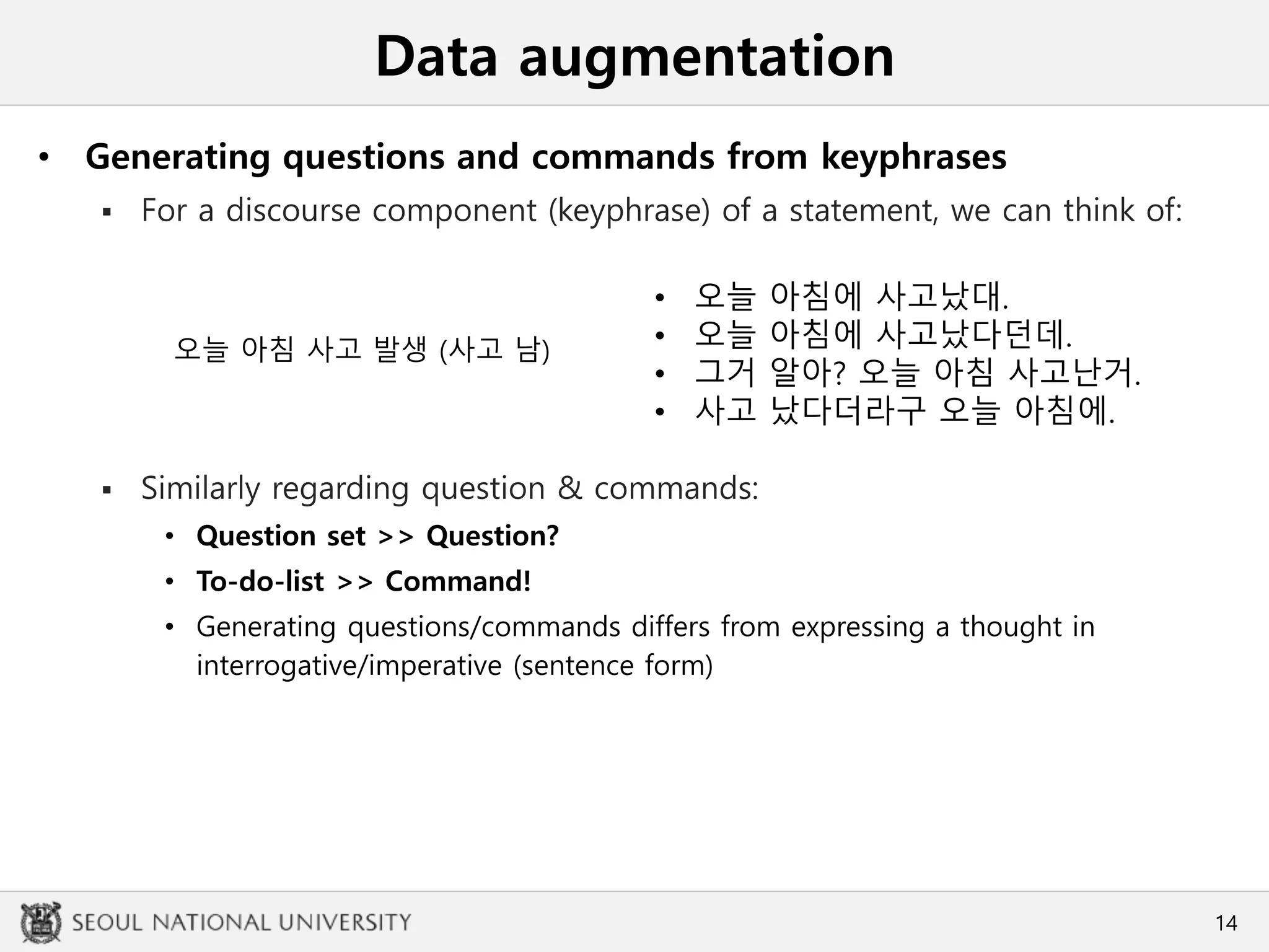 Data augmentation
• Generating questions and commands from keyphrases
 For a discourse component (keyphrase) of a statement, we can think of:
 Similarly regarding question & commands:
• Question set >> Question?
• To-do-list >> Command!
• Generating questions/commands differs from expressing a thought in
interrogative/imperative (sentence form)
14
오늘 아침 사고 발생 (사고 남)
• 오늘 아침에 사고났대.
• 오늘 아침에 사고났다던데.
• 그거 알아? 오늘 아침 사고난거.
• 사고 났다더라구 오늘 아침에.
 