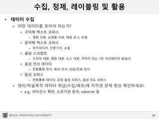 수집, 정제, 레이블링 및 활용
• 데이터 수집
 어떤 데이터를 모아야 하는가?
• 구어체 텍스트 코퍼스
– 영화 리뷰, 쇼핑몰 리뷰, 채팅 로그, 트윗
• 문어체 텍스트 코퍼스
– 위키피디아, 신문기사, 소설
• 음성 스크립트
– 드라마 대본, 영화 대본, 뉴스 대본, 자막이 있는 1인 크리에이터 방송(?)
• 음성 전사 데이터
– 전화통화 전사, 회의 전사, 상담/진료 전사
• 음성 코퍼스
– 전화통화 데이터, 감정 음성 코퍼스, 음성 의도 코퍼스
 영리/학술목적 데이터 취급(수집/배포)에 저작권 문제 항상 확인하세요!
• e.g., 라이선스 확인, 소유기관 문의, robot.txt 등
28
 
